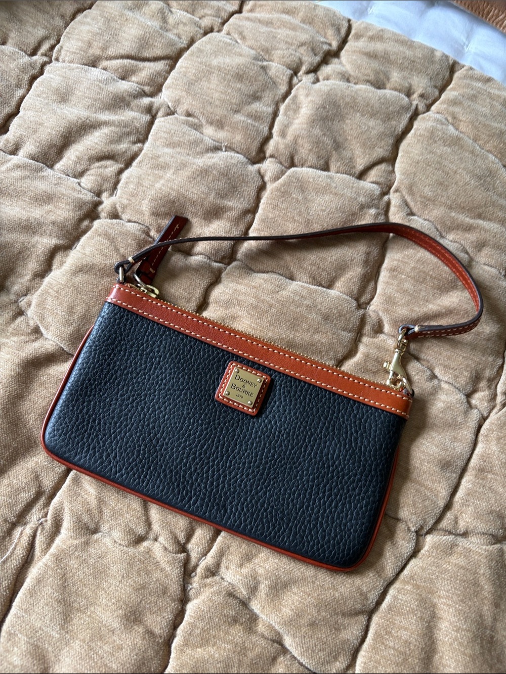 Dooney & Bourke Black Pebbled Leather Wristlet with Brown Trim